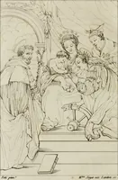An illustration from Annales du musée et de l'école moderne des beaux-arts : recueil de gravures au trait, d'après les principaux ouvrages de peinture, sculpture, ou projets d'architecture, qui, chaque année, ont remporté le prix, soit aux écoles spéciales, soit aux concours nationaux : les productions des artistes en tous genres, qui, aux différentes expositions, ont été citées avec éloges : les morceaux les plus estimés ou inédits de la galerie de peinture : la suite complète de celle des antiques : édifices anciens et modernes, etc. (1800)