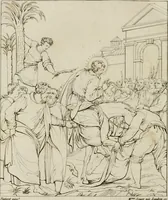 An illustration from Annales du musée et de l'école moderne des beaux-arts : recueil de gravures au trait, d'après les principaux ouvrages de peinture, sculpture, ou projets d'architecture, qui, chaque année, ont remporté le prix, soit aux écoles spéciales, soit aux concours nationaux : les productions des artistes en tous genres, qui, aux différentes expositions, ont été citées avec éloges : les morceaux les plus estimés ou inédits de la galerie de peinture : la suite complète de celle des antiques : édifices anciens et modernes, etc. (1800)
