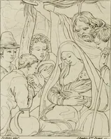 An illustration from Annales du musée et de l'école moderne des beaux-arts : recueil de gravures au trait, d'après les principaux ouvrages de peinture, sculpture, ou projets d'architecture, qui, chaque année, ont remporté le prix, soit aux écoles spéciales, soit aux concours nationaux : les productions des artistes en tous genres, qui, aux différentes expositions, ont été citées avec éloges : les morceaux les plus estimés ou inédits de la galerie de peinture : la suite complète de celle des antiques : édifices anciens et modernes, etc. (1800)