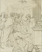 An illustration from Annales du musée et de l'école moderne des beaux-arts : recueil de gravures au trait, d'après les principaux ouvrages de peinture, sculpture, ou projets d'architecture, qui, chaque année, ont remporté le prix, soit aux écoles spéciales, soit aux concours nationaux : les productions des artistes en tous genres, qui, aux différentes expositions, ont été citées avec éloges : les morceaux les plus estimés ou inédits de la galerie de peinture : la suite complète de celle des antiques : édifices anciens et modernes, etc. (1800)