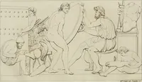 An illustration from Annales du musée et de l'école moderne des beaux-arts : recueil de gravures au trait, d'après les principaux ouvrages de peinture, sculpture, ou projets d'architecture, qui, chaque année, ont remporté le prix, soit aux écoles spéciales, soit aux concours nationaux : les productions des artistes en tous genres, qui, aux différentes expositions, ont été citées avec éloges : les morceaux les plus estimés ou inédits de la galerie de peinture : la suite complète de celle des antiques : édifices anciens et modernes, etc. (1800)