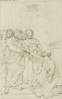 An illustration from Annales du musée et de l'école moderne des beaux-arts : recueil de gravures au trait, d'après les principaux ouvrages de peinture, sculpture, ou projets d'architecture, qui, chaque année, ont remporté le prix, soit aux écoles spéciales, soit aux concours nationaux : les productions des artistes en tous genres, qui, aux différentes expositions, ont été citées avec éloges : les morceaux les plus estimés ou inédits de la galerie de peinture : la suite complète de celle des antiques : édifices anciens et modernes, etc. (1800)