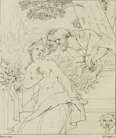 An illustration from Annales du musée et de l'école moderne des beaux-arts : recueil de gravures au trait, d'après les principaux ouvrages de peinture, sculpture, ou projets d'architecture, qui, chaque année, ont remporté le prix, soit aux écoles spéciales, soit aux concours nationaux : les productions des artistes en tous genres, qui, aux différentes expositions, ont été citées avec éloges : les morceaux les plus estimés ou inédits de la galerie de peinture : la suite complète de celle des antiques : édifices anciens et modernes, etc. (1800)
