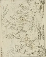 An illustration from Annales du musée et de l'école moderne des beaux-arts : recueil de gravures au trait, d'après les principaux ouvrages de peinture, sculpture, ou projets d'architecture, qui, chaque année, ont remporté le prix, soit aux écoles spéciales, soit aux concours nationaux : les productions des artistes en tous genres, qui, aux différentes expositions, ont été citées avec éloges : les morceaux les plus estimés ou inédits de la galerie de peinture : la suite complète de celle des antiques : édifices anciens et modernes, etc. (1800)
