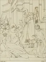 An illustration from Annales du musée et de l'école moderne des beaux-arts : recueil de gravures au trait, d'après les principaux ouvrages de peinture, sculpture, ou projets d'architecture, qui, chaque année, ont remporté le prix, soit aux écoles spéciales, soit aux concours nationaux : les productions des artistes en tous genres, qui, aux différentes expositions, ont été citées avec éloges : les morceaux les plus estimés ou inédits de la galerie de peinture : la suite complète de celle des antiques : édifices anciens et modernes, etc. (1800)