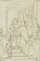 An illustration from Annales du musée et de l'école moderne des beaux-arts : recueil de gravures au trait, d'après les principaux ouvrages de peinture, sculpture, ou projets d'architecture, qui, chaque année, ont remporté le prix, soit aux écoles spéciales, soit aux concours nationaux : les productions des artistes en tous genres, qui, aux différentes expositions, ont été citées avec éloges : les morceaux les plus estimés ou inédits de la galerie de peinture : la suite complète de celle des antiques : édifices anciens et modernes, etc. (1800)