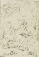An illustration from Annales du musée et de l'école moderne des beaux-arts : recueil de gravures au trait, d'après les principaux ouvrages de peinture, sculpture, ou projets d'architecture, qui, chaque année, ont remporté le prix, soit aux écoles spéciales, soit aux concours nationaux : les productions des artistes en tous genres, qui, aux différentes expositions, ont été citées avec éloges : les morceaux les plus estimés ou inédits de la galerie de peinture : la suite complète de celle des antiques : édifices anciens et modernes, etc. (1800)
