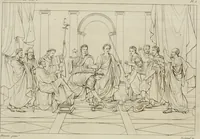 An illustration from Annales du musée et de l'école moderne des beaux-arts : recueil de gravures au trait, d'après les principaux ouvrages de peinture, sculpture, ou projets d'architecture, qui, chaque année, ont remporté le prix, soit aux écoles spéciales, soit aux concours nationaux : les productions des artistes en tous genres, qui, aux différentes expositions, ont été citées avec éloges : les morceaux les plus estimés ou inédits de la galerie de peinture : la suite complète de celle des antiques : édifices anciens et modernes, etc. (1800)