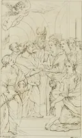 An illustration from Annales du musée et de l'école moderne des beaux-arts : recueil de gravures au trait, d'après les principaux ouvrages de peinture, sculpture, ou projets d'architecture, qui, chaque année, ont remporté le prix, soit aux écoles spéciales, soit aux concours nationaux : les productions des artistes en tous genres, qui, aux différentes expositions, ont été citées avec éloges : les morceaux les plus estimés ou inédits de la galerie de peinture : la suite complète de celle des antiques : édifices anciens et modernes, etc. (1800)