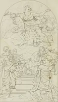 An illustration from Annales du musée et de l'école moderne des beaux-arts : recueil de gravures au trait, d'après les principaux ouvrages de peinture, sculpture, ou projets d'architecture, qui, chaque année, ont remporté le prix, soit aux écoles spéciales, soit aux concours nationaux : les productions des artistes en tous genres, qui, aux différentes expositions, ont été citées avec éloges : les morceaux les plus estimés ou inédits de la galerie de peinture : la suite complète de celle des antiques : édifices anciens et modernes, etc. (1800)