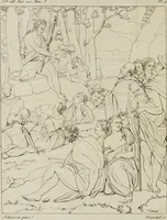 An illustration from Annales du musée et de l'école moderne des beaux-arts : recueil de gravures au trait, d'après les principaux ouvrages de peinture, sculpture, ou projets d'architecture, qui, chaque année, ont remporté le prix, soit aux écoles spéciales, soit aux concours nationaux : les productions des artistes en tous genres, qui, aux différentes expositions, ont été citées avec éloges : les morceaux les plus estimés ou inédits de la galerie de peinture : la suite complète de celle des antiques : édifices anciens et modernes, etc. (1800)