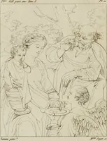 An illustration from Annales du musée et de l'école moderne des beaux-arts : recueil de gravures au trait, d'après les principaux ouvrages de peinture, sculpture, ou projets d'architecture, qui, chaque année, ont remporté le prix, soit aux écoles spéciales, soit aux concours nationaux : les productions des artistes en tous genres, qui, aux différentes expositions, ont été citées avec éloges : les morceaux les plus estimés ou inédits de la galerie de peinture : la suite complète de celle des antiques : édifices anciens et modernes, etc. (1800)