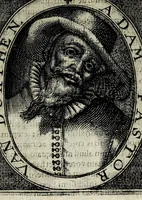 An illustration from Apocalypsis insignium aliquot haeresiarcharum : qua visiones & insomnia ipsis per somnia patefactae, blasphemias puta inauditas, ac deliramenta enthysiastica revelantur, unaq́ue opera vitae ac mortes coelo latino donantur : superadditae septendecim eorum, qui insigni supra reliquos temeritate ac depudendi audacia eminere visi, icones aereis expressae (1608)