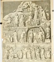 An illustration from Apotheosis vel consecratio Homeri, sive, Lapis antiquissimus in quo poëtarum principis Homeri consecratio sculpta est (1683)
