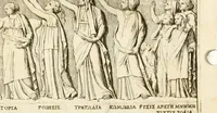 An illustration from Apotheosis vel consecratio Homeri, sive, Lapis antiquissimus in quo poëtarum principis Homeri consecratio sculpta est (1683)
