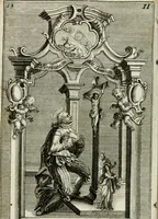 An illustration from Apparatus sacri honoris primo carmelitarum discalceatorum parenti seraphicæ virginis ac matris Theresiæ à Jesu filio primogenito S. Joanni à Cruce : post ejus solemnem in Vaticani colle apotheosin adornatus, a devotissimo filiorum suorum Collegio Augustano (1727)