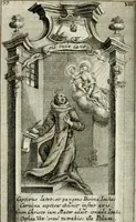 An illustration from Apparatus sacri honoris primo carmelitarum discalceatorum parenti seraphicæ virginis ac matris Theresiæ à Jesu filio primogenito S. Joanni à Cruce : post ejus solemnem in Vaticani colle apotheosin adornatus, a devotissimo filiorum suorum Collegio Augustano (1727)