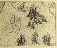 An illustration from Appendix regni Congo qua continentur nauigationes quinque Samuelis Brunonis, ciuis & chirurgi Basileensis, quas recenti admodum memoria animosè suscepit & feliciter perfecit. : I. In Africanam, eiusq[ue] regna ac prouincias Congum, Bansam Loangam, Angolam & insulas, Mederam, Canariasq[ue]. II. In eiusdem Africa regna, Guineam, Beninum, Aethiopiam, Ambosiam, insulasq[ue], principis, Annabonam, & S. Thomae, aliasq[ue]. III. In eandem Africam, ad castellum munitissimum Nassouium, in prouincia Morensi regni Guineae. IV. In Orientales maris Mediterranei regiones, Syriam, Aegyptum, Alexandriam, insulasq[ue], Maltam, Cretam, Cyrpum. V. In Lusitaniam, vbi naufragium passus in reditu Granatam, Italiam, Apuliam, Calabriam, Venetias, Fretum Herculeum, & insulas, Siciliam, Sardiniam, Corcyram, Gades adiuit, tandemq[ue] in Batauiam reversus est. (1625)