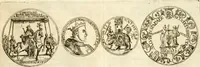 Picture 34 of 69 from Aquilae Austriacae pars secunda, seu, Monarchiae occidentalis tomus octauus : in quo imperatores Austrii a Maximiliano II vsquè ad coronationem Leopoldi Primi Occidentis imperatorem LI elogijs, hieroglyphicis, numismatibus, insignibus, symbolis, imaginibus antiquis ad viuum exhibentur exculpti, & longa historiarum serie exarati : vt nihil relictum sit, quod prisci vel hodierni habeant annales, sed diplomata, leges, indulta, genealogiae, donationes, priuilegia offeruntur congesta : inseruntur et regum principumque imagines, nummi honorarij, castrenses, triumphales, votiui, missiles, &c. qui sanguine, foedere, bello imperatoribus iuncti, occurrunt in opere : subijcitur cuique caesarum appendix symbolica, sacrolegalis, & historicopolitica, in qua symbolis & hieroglyphicis, are affabrè exculptis, Caesares eorumq[ue] gesta pinguntur & explanantur (1679), leaf 100