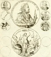 Picture 36 of 69 from Aquilae Austriacae pars secunda, seu, Monarchiae occidentalis tomus octauus : in quo imperatores Austrii a Maximiliano II vsquè ad coronationem Leopoldi Primi Occidentis imperatorem LI elogijs, hieroglyphicis, numismatibus, insignibus, symbolis, imaginibus antiquis ad viuum exhibentur exculpti, & longa historiarum serie exarati : vt nihil relictum sit, quod prisci vel hodierni habeant annales, sed diplomata, leges, indulta, genealogiae, donationes, priuilegia offeruntur congesta : inseruntur et regum principumque imagines, nummi honorarij, castrenses, triumphales, votiui, missiles, &c. qui sanguine, foedere, bello imperatoribus iuncti, occurrunt in opere : subijcitur cuique caesarum appendix symbolica, sacrolegalis, & historicopolitica, in qua symbolis & hieroglyphicis, are affabrè exculptis, Caesares eorumq[ue] gesta pinguntur & explanantur (1679), leaf 106