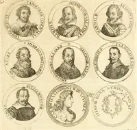 An illustration from Aquilae Austriacae pars secunda, seu, Monarchiae occidentalis tomus octauus : in quo imperatores Austrii a Maximiliano II vsquè ad coronationem Leopoldi Primi Occidentis imperatorem LI elogijs, hieroglyphicis, numismatibus, insignibus, symbolis, imaginibus antiquis ad viuum exhibentur exculpti, & longa historiarum serie exarati : vt nihil relictum sit, quod prisci vel hodierni habeant annales, sed diplomata, leges, indulta, genealogiae, donationes, priuilegia offeruntur congesta : inseruntur et regum principumque imagines, nummi honorarij, castrenses, triumphales, votiui, missiles, &c. qui sanguine, foedere, bello imperatoribus iuncti, occurrunt in opere : subijcitur cuique caesarum appendix symbolica, sacrolegalis, & historicopolitica, in qua symbolis & hieroglyphicis, are affabrè exculptis, Caesares eorumq[ue] gesta pinguntur & explanantur (1679)