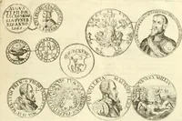 An illustration from Aquilae Austriacae pars secunda, seu, Monarchiae occidentalis tomus octauus : in quo imperatores Austrii a Maximiliano II vsquè ad coronationem Leopoldi Primi Occidentis imperatorem LI elogijs, hieroglyphicis, numismatibus, insignibus, symbolis, imaginibus antiquis ad viuum exhibentur exculpti, & longa historiarum serie exarati : vt nihil relictum sit, quod prisci vel hodierni habeant annales, sed diplomata, leges, indulta, genealogiae, donationes, priuilegia offeruntur congesta : inseruntur et regum principumque imagines, nummi honorarij, castrenses, triumphales, votiui, missiles, &c. qui sanguine, foedere, bello imperatoribus iuncti, occurrunt in opere : subijcitur cuique caesarum appendix symbolica, sacrolegalis, & historicopolitica, in qua symbolis & hieroglyphicis, are affabrè exculptis, Caesares eorumq[ue] gesta pinguntur & explanantur (1679)