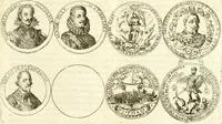 An illustration from Aquilae Austriacae pars secunda, seu, Monarchiae occidentalis tomus octauus : in quo imperatores Austrii a Maximiliano II vsquè ad coronationem Leopoldi Primi Occidentis imperatorem LI elogijs, hieroglyphicis, numismatibus, insignibus, symbolis, imaginibus antiquis ad viuum exhibentur exculpti, & longa historiarum serie exarati : vt nihil relictum sit, quod prisci vel hodierni habeant annales, sed diplomata, leges, indulta, genealogiae, donationes, priuilegia offeruntur congesta : inseruntur et regum principumque imagines, nummi honorarij, castrenses, triumphales, votiui, missiles, &c. qui sanguine, foedere, bello imperatoribus iuncti, occurrunt in opere : subijcitur cuique caesarum appendix symbolica, sacrolegalis, & historicopolitica, in qua symbolis & hieroglyphicis, are affabrè exculptis, Caesares eorumq[ue] gesta pinguntur & explanantur (1679)