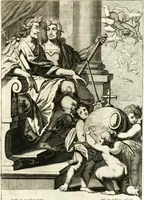 An illustration from Aquilae Austriacae pars secunda, seu, Monarchiae occidentalis tomus octauus : in quo imperatores Austrii a Maximiliano II vsquè ad coronationem Leopoldi Primi Occidentis imperatorem LI elogijs, hieroglyphicis, numismatibus, insignibus, symbolis, imaginibus antiquis ad viuum exhibentur exculpti, & longa historiarum serie exarati : vt nihil relictum sit, quod prisci vel hodierni habeant annales, sed diplomata, leges, indulta, genealogiae, donationes, priuilegia offeruntur congesta : inseruntur et regum principumque imagines, nummi honorarij, castrenses, triumphales, votiui, missiles, &c. qui sanguine, foedere, bello imperatoribus iuncti, occurrunt in opere : subijcitur cuique caesarum appendix symbolica, sacrolegalis, & historicopolitica, in qua symbolis & hieroglyphicis, are affabrè exculptis, Caesares eorumq[ue] gesta pinguntur & explanantur (1679)