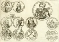 An illustration from Aquilae Austriacae pars secunda, seu, Monarchiae occidentalis tomus octauus : in quo imperatores Austrii a Maximiliano II vsquè ad coronationem Leopoldi Primi Occidentis imperatorem LI elogijs, hieroglyphicis, numismatibus, insignibus, symbolis, imaginibus antiquis ad viuum exhibentur exculpti, & longa historiarum serie exarati : vt nihil relictum sit, quod prisci vel hodierni habeant annales, sed diplomata, leges, indulta, genealogiae, donationes, priuilegia offeruntur congesta : inseruntur et regum principumque imagines, nummi honorarij, castrenses, triumphales, votiui, missiles, &c. qui sanguine, foedere, bello imperatoribus iuncti, occurrunt in opere : subijcitur cuique caesarum appendix symbolica, sacrolegalis, & historicopolitica, in qua symbolis & hieroglyphicis, are affabrè exculptis, Caesares eorumq[ue] gesta pinguntur & explanantur (1679)