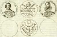Picture 66 of 69 from Aquilae Austriacae pars secunda, seu, Monarchiae occidentalis tomus octauus : in quo imperatores Austrii a Maximiliano II vsquè ad coronationem Leopoldi Primi Occidentis imperatorem LI elogijs, hieroglyphicis, numismatibus, insignibus, symbolis, imaginibus antiquis ad viuum exhibentur exculpti, & longa historiarum serie exarati : vt nihil relictum sit, quod prisci vel hodierni habeant annales, sed diplomata, leges, indulta, genealogiae, donationes, priuilegia offeruntur congesta : inseruntur et regum principumque imagines, nummi honorarij, castrenses, triumphales, votiui, missiles, &c. qui sanguine, foedere, bello imperatoribus iuncti, occurrunt in opere : subijcitur cuique caesarum appendix symbolica, sacrolegalis, & historicopolitica, in qua symbolis & hieroglyphicis, are affabrè exculptis, Caesares eorumq[ue] gesta pinguntur & explanantur (1679), leaf 279