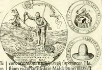 An illustration from Aquilae Austriacae pars secunda, seu, Monarchiae occidentalis tomus octauus : in quo imperatores Austrii a Maximiliano II vsquè ad coronationem Leopoldi Primi Occidentis imperatorem LI elogijs, hieroglyphicis, numismatibus, insignibus, symbolis, imaginibus antiquis ad viuum exhibentur exculpti, & longa historiarum serie exarati : vt nihil relictum sit, quod prisci vel hodierni habeant annales, sed diplomata, leges, indulta, genealogiae, donationes, priuilegia offeruntur congesta : inseruntur et regum principumque imagines, nummi honorarij, castrenses, triumphales, votiui, missiles, &c. qui sanguine, foedere, bello imperatoribus iuncti, occurrunt in opere : subijcitur cuique caesarum appendix symbolica, sacrolegalis, & historicopolitica, in qua symbolis & hieroglyphicis, are affabrè exculptis, Caesares eorumq[ue] gesta pinguntur & explanantur (1679)