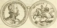 Picture 12 of 69 from Aquilae Austriacae pars secunda, seu, Monarchiae occidentalis tomus octauus : in quo imperatores Austrii a Maximiliano II vsquè ad coronationem Leopoldi Primi Occidentis imperatorem LI elogijs, hieroglyphicis, numismatibus, insignibus, symbolis, imaginibus antiquis ad viuum exhibentur exculpti, & longa historiarum serie exarati : vt nihil relictum sit, quod prisci vel hodierni habeant annales, sed diplomata, leges, indulta, genealogiae, donationes, priuilegia offeruntur congesta : inseruntur et regum principumque imagines, nummi honorarij, castrenses, triumphales, votiui, missiles, &c. qui sanguine, foedere, bello imperatoribus iuncti, occurrunt in opere : subijcitur cuique caesarum appendix symbolica, sacrolegalis, & historicopolitica, in qua symbolis & hieroglyphicis, are affabrè exculptis, Caesares eorumq[ue] gesta pinguntur & explanantur (1679), leaf 42