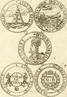 Picture 14 of 69 from Aquilae Austriacae pars secunda, seu, Monarchiae occidentalis tomus octauus : in quo imperatores Austrii a Maximiliano II vsquè ad coronationem Leopoldi Primi Occidentis imperatorem LI elogijs, hieroglyphicis, numismatibus, insignibus, symbolis, imaginibus antiquis ad viuum exhibentur exculpti, & longa historiarum serie exarati : vt nihil relictum sit, quod prisci vel hodierni habeant annales, sed diplomata, leges, indulta, genealogiae, donationes, priuilegia offeruntur congesta : inseruntur et regum principumque imagines, nummi honorarij, castrenses, triumphales, votiui, missiles, &c. qui sanguine, foedere, bello imperatoribus iuncti, occurrunt in opere : subijcitur cuique caesarum appendix symbolica, sacrolegalis, & historicopolitica, in qua symbolis & hieroglyphicis, are affabrè exculptis, Caesares eorumq[ue] gesta pinguntur & explanantur (1679), leaf 42