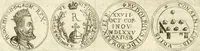 An illustration from Aquilae Austriacae pars secunda, seu, Monarchiae occidentalis tomus octauus : in quo imperatores Austrii a Maximiliano II vsquè ad coronationem Leopoldi Primi Occidentis imperatorem LI elogijs, hieroglyphicis, numismatibus, insignibus, symbolis, imaginibus antiquis ad viuum exhibentur exculpti, & longa historiarum serie exarati : vt nihil relictum sit, quod prisci vel hodierni habeant annales, sed diplomata, leges, indulta, genealogiae, donationes, priuilegia offeruntur congesta : inseruntur et regum principumque imagines, nummi honorarij, castrenses, triumphales, votiui, missiles, &c. qui sanguine, foedere, bello imperatoribus iuncti, occurrunt in opere : subijcitur cuique caesarum appendix symbolica, sacrolegalis, & historicopolitica, in qua symbolis & hieroglyphicis, are affabrè exculptis, Caesares eorumq[ue] gesta pinguntur & explanantur (1679)
