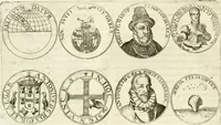 An illustration from Aquilae Austriacae pars secunda, seu, Monarchiae occidentalis tomus octauus : in quo imperatores Austrii a Maximiliano II vsquè ad coronationem Leopoldi Primi Occidentis imperatorem LI elogijs, hieroglyphicis, numismatibus, insignibus, symbolis, imaginibus antiquis ad viuum exhibentur exculpti, & longa historiarum serie exarati : vt nihil relictum sit, quod prisci vel hodierni habeant annales, sed diplomata, leges, indulta, genealogiae, donationes, priuilegia offeruntur congesta : inseruntur et regum principumque imagines, nummi honorarij, castrenses, triumphales, votiui, missiles, &c. qui sanguine, foedere, bello imperatoribus iuncti, occurrunt in opere : subijcitur cuique caesarum appendix symbolica, sacrolegalis, & historicopolitica, in qua symbolis & hieroglyphicis, are affabrè exculptis, Caesares eorumq[ue] gesta pinguntur & explanantur (1679)