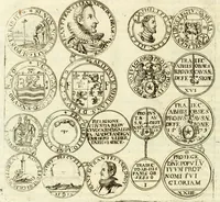 Picture 19 of 69 from Aquilae Austriacae pars secunda, seu, Monarchiae occidentalis tomus octauus : in quo imperatores Austrii a Maximiliano II vsquè ad coronationem Leopoldi Primi Occidentis imperatorem LI elogijs, hieroglyphicis, numismatibus, insignibus, symbolis, imaginibus antiquis ad viuum exhibentur exculpti, & longa historiarum serie exarati : vt nihil relictum sit, quod prisci vel hodierni habeant annales, sed diplomata, leges, indulta, genealogiae, donationes, priuilegia offeruntur congesta : inseruntur et regum principumque imagines, nummi honorarij, castrenses, triumphales, votiui, missiles, &c. qui sanguine, foedere, bello imperatoribus iuncti, occurrunt in opere : subijcitur cuique caesarum appendix symbolica, sacrolegalis, & historicopolitica, in qua symbolis & hieroglyphicis, are affabrè exculptis, Caesares eorumq[ue] gesta pinguntur & explanantur (1679), leaf 63