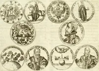 Picture 20 of 69 from Aquilae Austriacae pars secunda, seu, Monarchiae occidentalis tomus octauus : in quo imperatores Austrii a Maximiliano II vsquè ad coronationem Leopoldi Primi Occidentis imperatorem LI elogijs, hieroglyphicis, numismatibus, insignibus, symbolis, imaginibus antiquis ad viuum exhibentur exculpti, & longa historiarum serie exarati : vt nihil relictum sit, quod prisci vel hodierni habeant annales, sed diplomata, leges, indulta, genealogiae, donationes, priuilegia offeruntur congesta : inseruntur et regum principumque imagines, nummi honorarij, castrenses, triumphales, votiui, missiles, &c. qui sanguine, foedere, bello imperatoribus iuncti, occurrunt in opere : subijcitur cuique caesarum appendix symbolica, sacrolegalis, & historicopolitica, in qua symbolis & hieroglyphicis, are affabrè exculptis, Caesares eorumq[ue] gesta pinguntur & explanantur (1679), leaf 65
