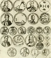 An illustration from Aquilae Austriacae pars secunda, seu, Monarchiae occidentalis tomus octauus : in quo imperatores Austrii a Maximiliano II vsquè ad coronationem Leopoldi Primi Occidentis imperatorem LI elogijs, hieroglyphicis, numismatibus, insignibus, symbolis, imaginibus antiquis ad viuum exhibentur exculpti, & longa historiarum serie exarati : vt nihil relictum sit, quod prisci vel hodierni habeant annales, sed diplomata, leges, indulta, genealogiae, donationes, priuilegia offeruntur congesta : inseruntur et regum principumque imagines, nummi honorarij, castrenses, triumphales, votiui, missiles, &c. qui sanguine, foedere, bello imperatoribus iuncti, occurrunt in opere : subijcitur cuique caesarum appendix symbolica, sacrolegalis, & historicopolitica, in qua symbolis & hieroglyphicis, are affabrè exculptis, Caesares eorumq[ue] gesta pinguntur & explanantur (1679)