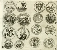 Picture 26 of 69 from Aquilae Austriacae pars secunda, seu, Monarchiae occidentalis tomus octauus : in quo imperatores Austrii a Maximiliano II vsquè ad coronationem Leopoldi Primi Occidentis imperatorem LI elogijs, hieroglyphicis, numismatibus, insignibus, symbolis, imaginibus antiquis ad viuum exhibentur exculpti, & longa historiarum serie exarati : vt nihil relictum sit, quod prisci vel hodierni habeant annales, sed diplomata, leges, indulta, genealogiae, donationes, priuilegia offeruntur congesta : inseruntur et regum principumque imagines, nummi honorarij, castrenses, triumphales, votiui, missiles, &c. qui sanguine, foedere, bello imperatoribus iuncti, occurrunt in opere : subijcitur cuique caesarum appendix symbolica, sacrolegalis, & historicopolitica, in qua symbolis & hieroglyphicis, are affabrè exculptis, Caesares eorumq[ue] gesta pinguntur & explanantur (1679), leaf 77