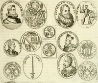 An illustration from Aquilae Austriacae pars secunda, seu, Monarchiae occidentalis tomus octauus : in quo imperatores Austrii a Maximiliano II vsquè ad coronationem Leopoldi Primi Occidentis imperatorem LI elogijs, hieroglyphicis, numismatibus, insignibus, symbolis, imaginibus antiquis ad viuum exhibentur exculpti, & longa historiarum serie exarati : vt nihil relictum sit, quod prisci vel hodierni habeant annales, sed diplomata, leges, indulta, genealogiae, donationes, priuilegia offeruntur congesta : inseruntur et regum principumque imagines, nummi honorarij, castrenses, triumphales, votiui, missiles, &c. qui sanguine, foedere, bello imperatoribus iuncti, occurrunt in opere : subijcitur cuique caesarum appendix symbolica, sacrolegalis, & historicopolitica, in qua symbolis & hieroglyphicis, are affabrè exculptis, Caesares eorumq[ue] gesta pinguntur & explanantur (1679)