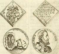 An illustration from Aquilae Austriacae pars secunda, seu, Monarchiae occidentalis tomus octauus : in quo imperatores Austrii a Maximiliano II vsquè ad coronationem Leopoldi Primi Occidentis imperatorem LI elogijs, hieroglyphicis, numismatibus, insignibus, symbolis, imaginibus antiquis ad viuum exhibentur exculpti, & longa historiarum serie exarati : vt nihil relictum sit, quod prisci vel hodierni habeant annales, sed diplomata, leges, indulta, genealogiae, donationes, priuilegia offeruntur congesta : inseruntur et regum principumque imagines, nummi honorarij, castrenses, triumphales, votiui, missiles, &c. qui sanguine, foedere, bello imperatoribus iuncti, occurrunt in opere : subijcitur cuique caesarum appendix symbolica, sacrolegalis, & historicopolitica, in qua symbolis & hieroglyphicis, are affabrè exculptis, Caesares eorumq[ue] gesta pinguntur & explanantur (1679)