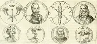 Picture 30 of 69 from Aquilae Austriacae pars secunda, seu, Monarchiae occidentalis tomus octauus : in quo imperatores Austrii a Maximiliano II vsquè ad coronationem Leopoldi Primi Occidentis imperatorem LI elogijs, hieroglyphicis, numismatibus, insignibus, symbolis, imaginibus antiquis ad viuum exhibentur exculpti, & longa historiarum serie exarati : vt nihil relictum sit, quod prisci vel hodierni habeant annales, sed diplomata, leges, indulta, genealogiae, donationes, priuilegia offeruntur congesta : inseruntur et regum principumque imagines, nummi honorarij, castrenses, triumphales, votiui, missiles, &c. qui sanguine, foedere, bello imperatoribus iuncti, occurrunt in opere : subijcitur cuique caesarum appendix symbolica, sacrolegalis, & historicopolitica, in qua symbolis & hieroglyphicis, are affabrè exculptis, Caesares eorumq[ue] gesta pinguntur & explanantur (1679), leaf 91