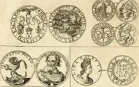 An illustration from Aquilae Austriacae pars secunda, seu, Monarchiae occidentalis tomus octauus : in quo imperatores Austrii a Maximiliano II vsquè ad coronationem Leopoldi Primi Occidentis imperatorem LI elogijs, hieroglyphicis, numismatibus, insignibus, symbolis, imaginibus antiquis ad viuum exhibentur exculpti, & longa historiarum serie exarati : vt nihil relictum sit, quod prisci vel hodierni habeant annales, sed diplomata, leges, indulta, genealogiae, donationes, priuilegia offeruntur congesta : inseruntur et regum principumque imagines, nummi honorarij, castrenses, triumphales, votiui, missiles, &c. qui sanguine, foedere, bello imperatoribus iuncti, occurrunt in opere : subijcitur cuique caesarum appendix symbolica, sacrolegalis, & historicopolitica, in qua symbolis & hieroglyphicis, are affabrè exculptis, Caesares eorumq[ue] gesta pinguntur & explanantur (1679)