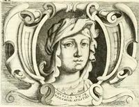 An illustration from Aquila franca sub qua Francones imperatores a Conrado II Salico vsquè ad Lotharium II Occidentis imperatorem XX : elogiis, hieroglyphicis, numismatibus, insignibus, symbolis, imaginibus antiquis ad viuum exhibentur exculpti, & longa historiarum serie exarati : vt nihil relictum sit, quod prisci vel hodierni habeant annales, sed diplomata, leges, indulta, genealogiae, donationes, priuilegia offeruntur congesta : inseruntur et regum principumque imagines, nummi honorarij, castrenses, triumphales, votiui, missiles, &c. qui sanguine, foedere, bello imperatoribus iuncti, occurrunt in opere : accedit cuique Caesarum tractatus sacrolegalis, & historicopoliticus ... (1679)