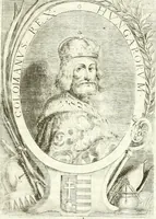 An illustration from Aquila franca sub qua Francones imperatores a Conrado II Salico vsquè ad Lotharium II Occidentis imperatorem XX : elogiis, hieroglyphicis, numismatibus, insignibus, symbolis, imaginibus antiquis ad viuum exhibentur exculpti, & longa historiarum serie exarati : vt nihil relictum sit, quod prisci vel hodierni habeant annales, sed diplomata, leges, indulta, genealogiae, donationes, priuilegia offeruntur congesta : inseruntur et regum principumque imagines, nummi honorarij, castrenses, triumphales, votiui, missiles, &c. qui sanguine, foedere, bello imperatoribus iuncti, occurrunt in opere : accedit cuique Caesarum tractatus sacrolegalis, & historicopoliticus ... (1679)
