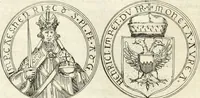 An illustration from Aquila franca sub qua Francones imperatores a Conrado II Salico vsquè ad Lotharium II Occidentis imperatorem XX : elogiis, hieroglyphicis, numismatibus, insignibus, symbolis, imaginibus antiquis ad viuum exhibentur exculpti, & longa historiarum serie exarati : vt nihil relictum sit, quod prisci vel hodierni habeant annales, sed diplomata, leges, indulta, genealogiae, donationes, priuilegia offeruntur congesta : inseruntur et regum principumque imagines, nummi honorarij, castrenses, triumphales, votiui, missiles, &c. qui sanguine, foedere, bello imperatoribus iuncti, occurrunt in opere : accedit cuique Caesarum tractatus sacrolegalis, & historicopoliticus ... (1679)