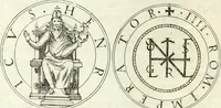 An illustration from Aquila franca sub qua Francones imperatores a Conrado II Salico vsquè ad Lotharium II Occidentis imperatorem XX : elogiis, hieroglyphicis, numismatibus, insignibus, symbolis, imaginibus antiquis ad viuum exhibentur exculpti, & longa historiarum serie exarati : vt nihil relictum sit, quod prisci vel hodierni habeant annales, sed diplomata, leges, indulta, genealogiae, donationes, priuilegia offeruntur congesta : inseruntur et regum principumque imagines, nummi honorarij, castrenses, triumphales, votiui, missiles, &c. qui sanguine, foedere, bello imperatoribus iuncti, occurrunt in opere : accedit cuique Caesarum tractatus sacrolegalis, & historicopoliticus ... (1679)