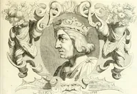 An illustration from Aquila franca sub qua Francones imperatores a Conrado II Salico vsquè ad Lotharium II Occidentis imperatorem XX : elogiis, hieroglyphicis, numismatibus, insignibus, symbolis, imaginibus antiquis ad viuum exhibentur exculpti, & longa historiarum serie exarati : vt nihil relictum sit, quod prisci vel hodierni habeant annales, sed diplomata, leges, indulta, genealogiae, donationes, priuilegia offeruntur congesta : inseruntur et regum principumque imagines, nummi honorarij, castrenses, triumphales, votiui, missiles, &c. qui sanguine, foedere, bello imperatoribus iuncti, occurrunt in opere : accedit cuique Caesarum tractatus sacrolegalis, & historicopoliticus ... (1679)
