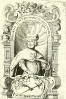 An illustration from Aquila franca sub qua Francones imperatores a Conrado II Salico vsquè ad Lotharium II Occidentis imperatorem XX : elogiis, hieroglyphicis, numismatibus, insignibus, symbolis, imaginibus antiquis ad viuum exhibentur exculpti, & longa historiarum serie exarati : vt nihil relictum sit, quod prisci vel hodierni habeant annales, sed diplomata, leges, indulta, genealogiae, donationes, priuilegia offeruntur congesta : inseruntur et regum principumque imagines, nummi honorarij, castrenses, triumphales, votiui, missiles, &c. qui sanguine, foedere, bello imperatoribus iuncti, occurrunt in opere : accedit cuique Caesarum tractatus sacrolegalis, & historicopoliticus ... (1679)