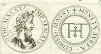 An illustration from Aquila Saxonica : sub qua imperatores Saxones ab Henrico Aucupe, vsquè ad Henricum Sanctum Occidentis imperatorem XV. elogiis, hieroglyphicis, numismatibus, insignibus, symbolis, imaginibus antiquis ad viuum exhibentur exculpti, & longa historiarum serie exarati : vt nihil relictum sit, quod prisci, vel hodierni habeant annales, sed diplomata, leges, indulta, genealogiae, donationes, priuilegia offeruntur congesta : accedit cuique Caesarum tractatus sacrolegalis & historicopoliticus ... (1673)